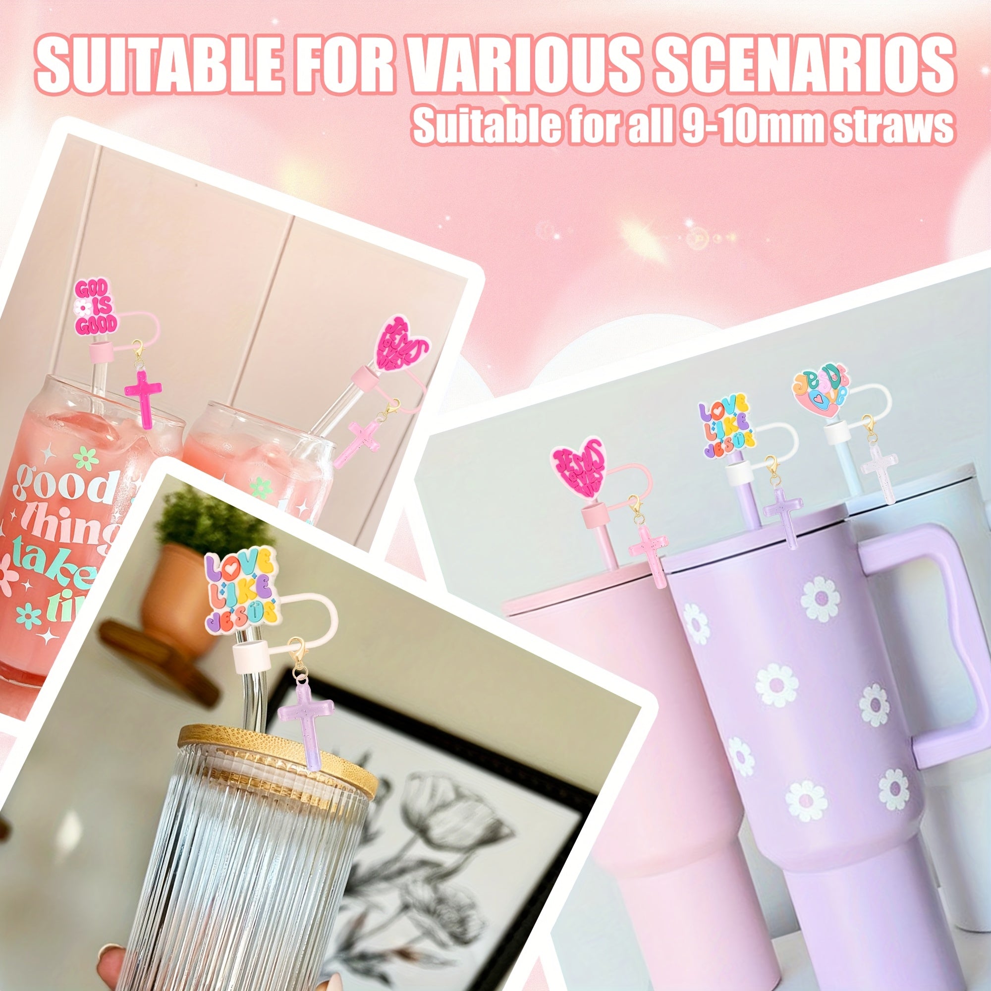 Shiny Pink Words Design Portable Straw Lid with Charm - Cup Tumbler Accessories - Beverage Cup Topper with Clip-On Bling Butterfly Ornament, 1.8in Diameter, Cute and Functional Sports Water Bottle